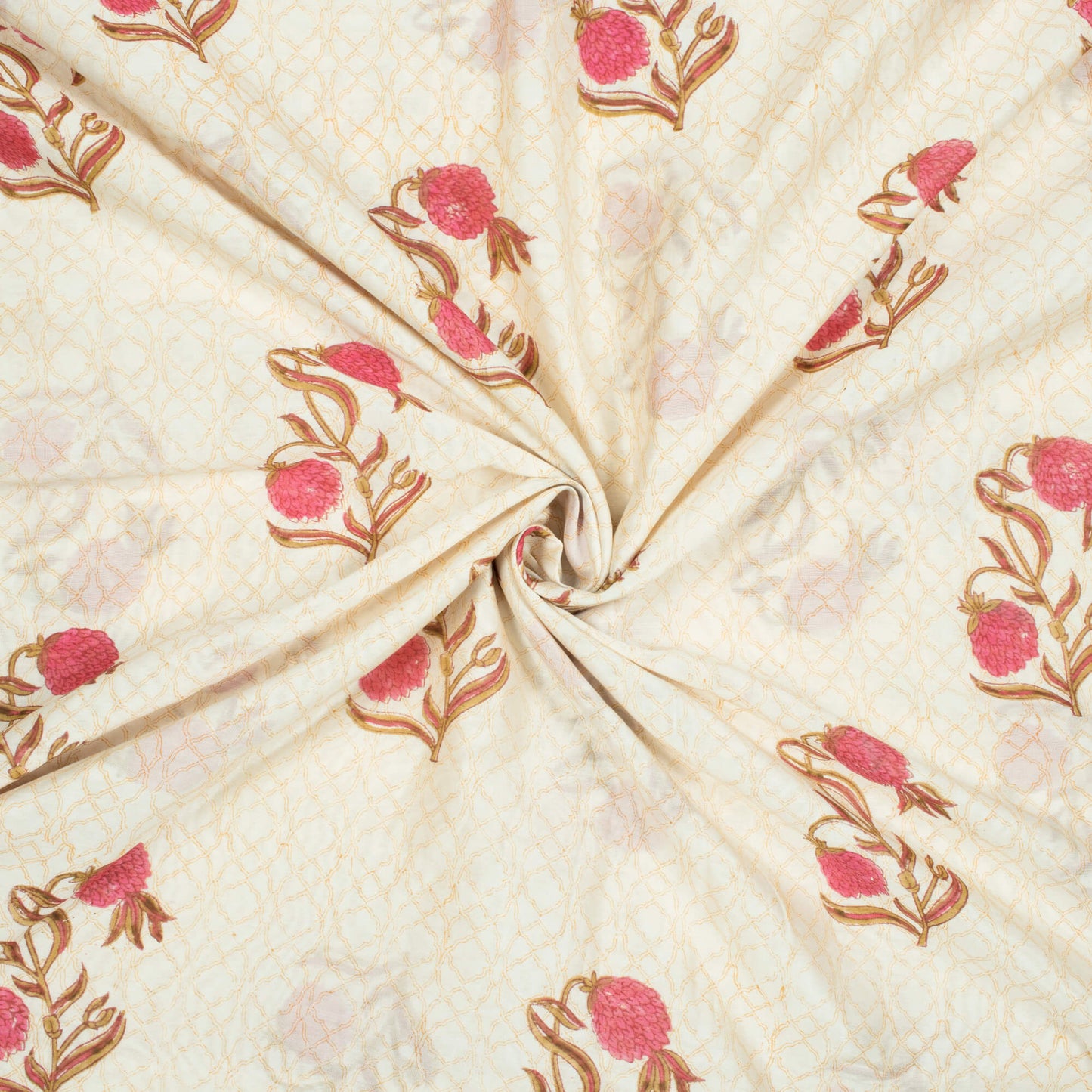 White And Fuchsia Floral Pattern Handblock Pure Banarasi Chanderi Fabric