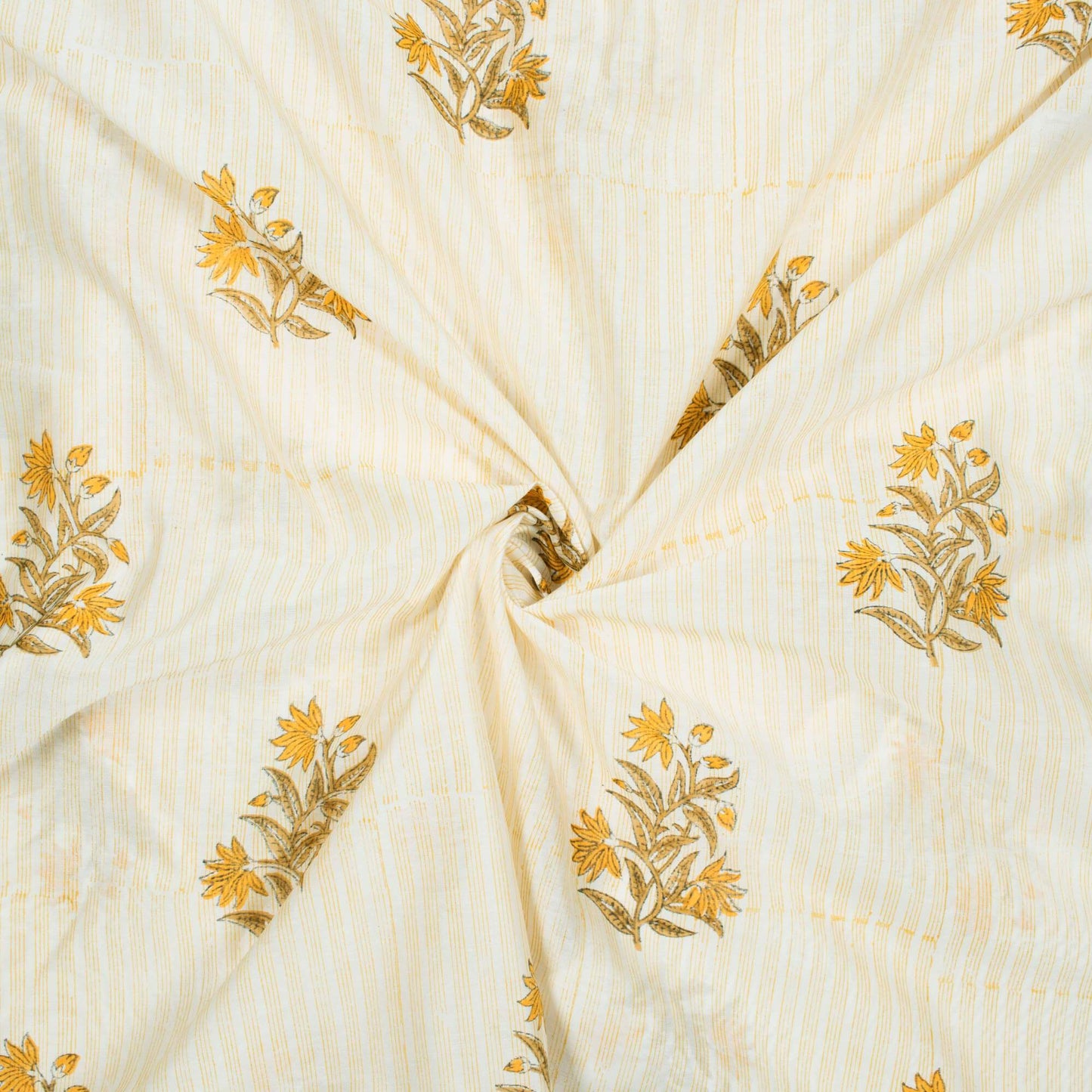 Yellow And Beige Floral Pattern Handblock Pure Banarasi Chanderi Fabric