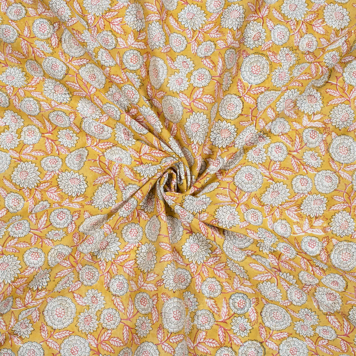 Mustard Yellow And Grey Floral Pattern Handblock Pure Banarasi Chanderi Fabric