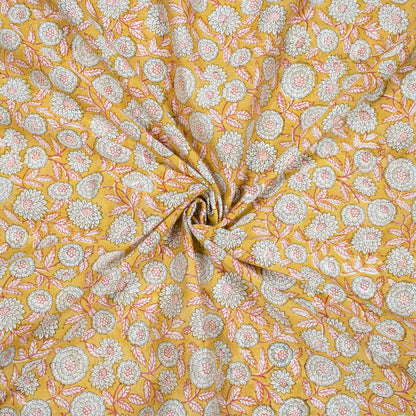 Mustard Yellow And Grey Floral Pattern Handblock Pure Banarasi Chanderi Fabric