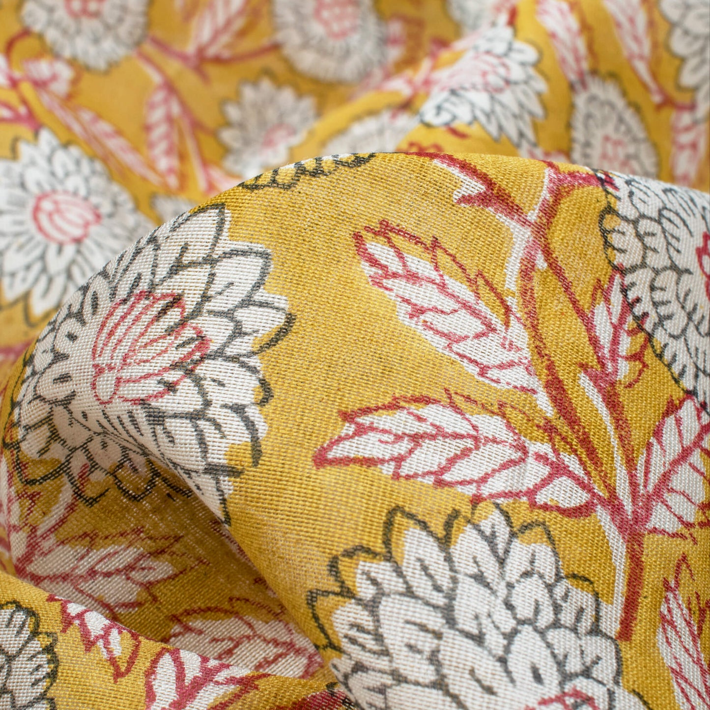 Mustard Yellow And Grey Floral Pattern Handblock Pure Banarasi Chanderi Fabric
