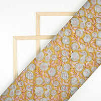 Mustard Yellow And Grey Floral Pattern Handblock Pure Banarasi Chanderi Fabric