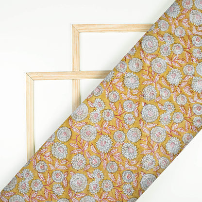 Mustard Yellow And Grey Floral Pattern Handblock Pure Banarasi Chanderi Fabric