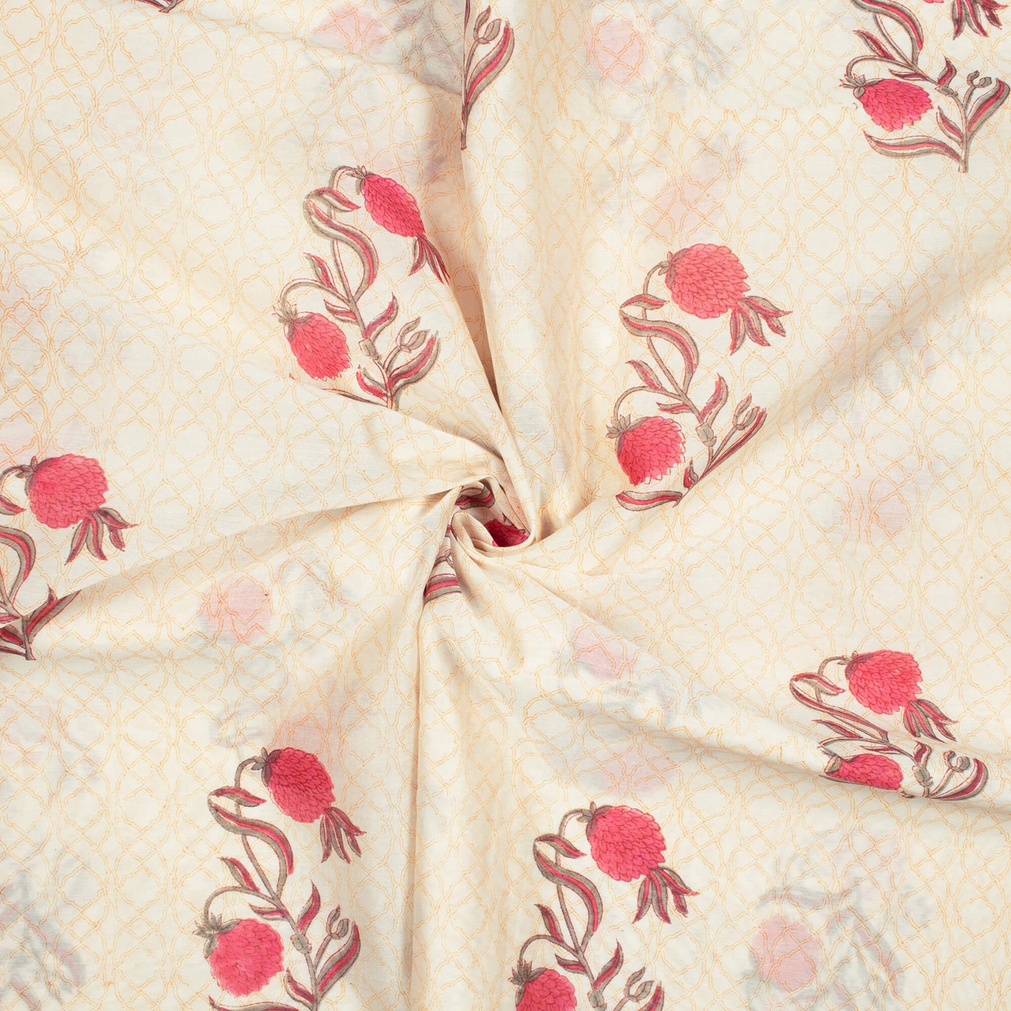 Cream And Fuchsia Floral Pattern Handblock Pure Banarasi Chanderi Fabric