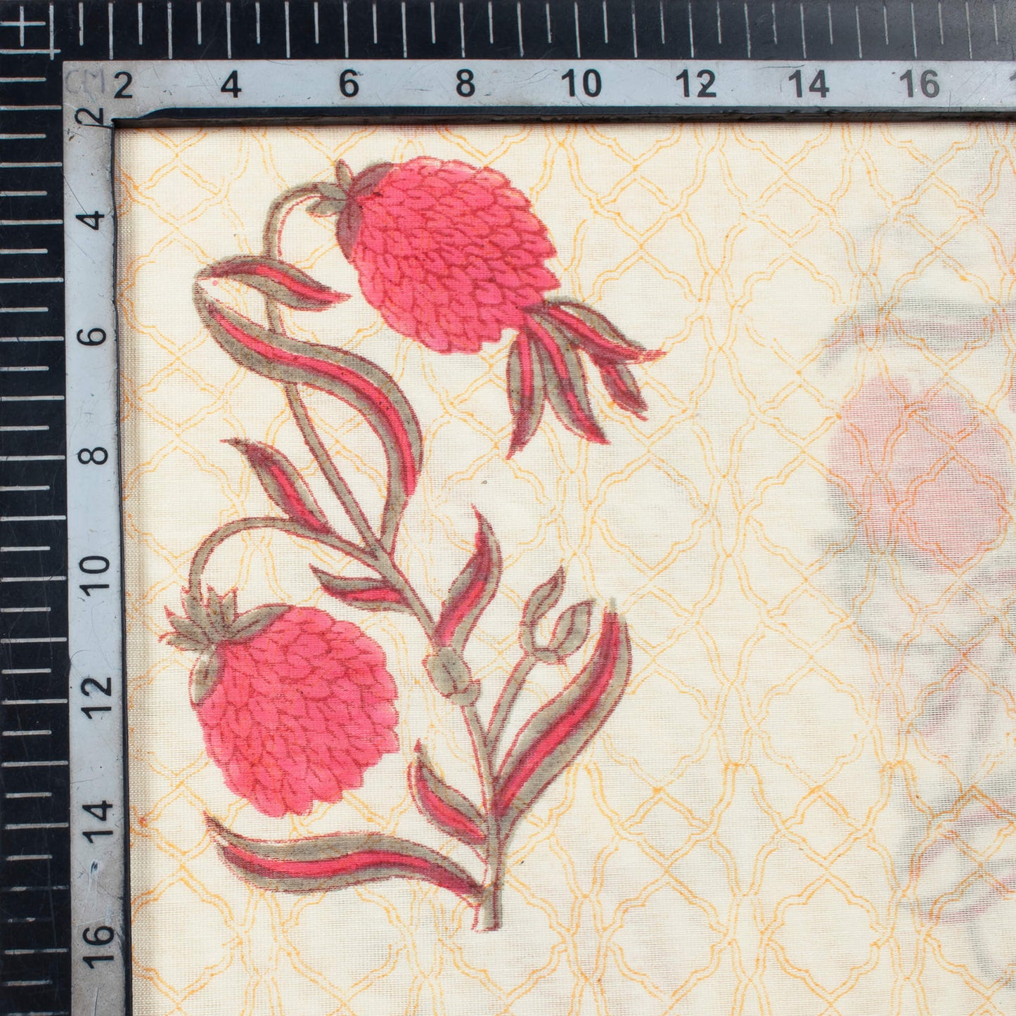 Cream And Fuchsia Floral Pattern Handblock Pure Banarasi Chanderi Fabric