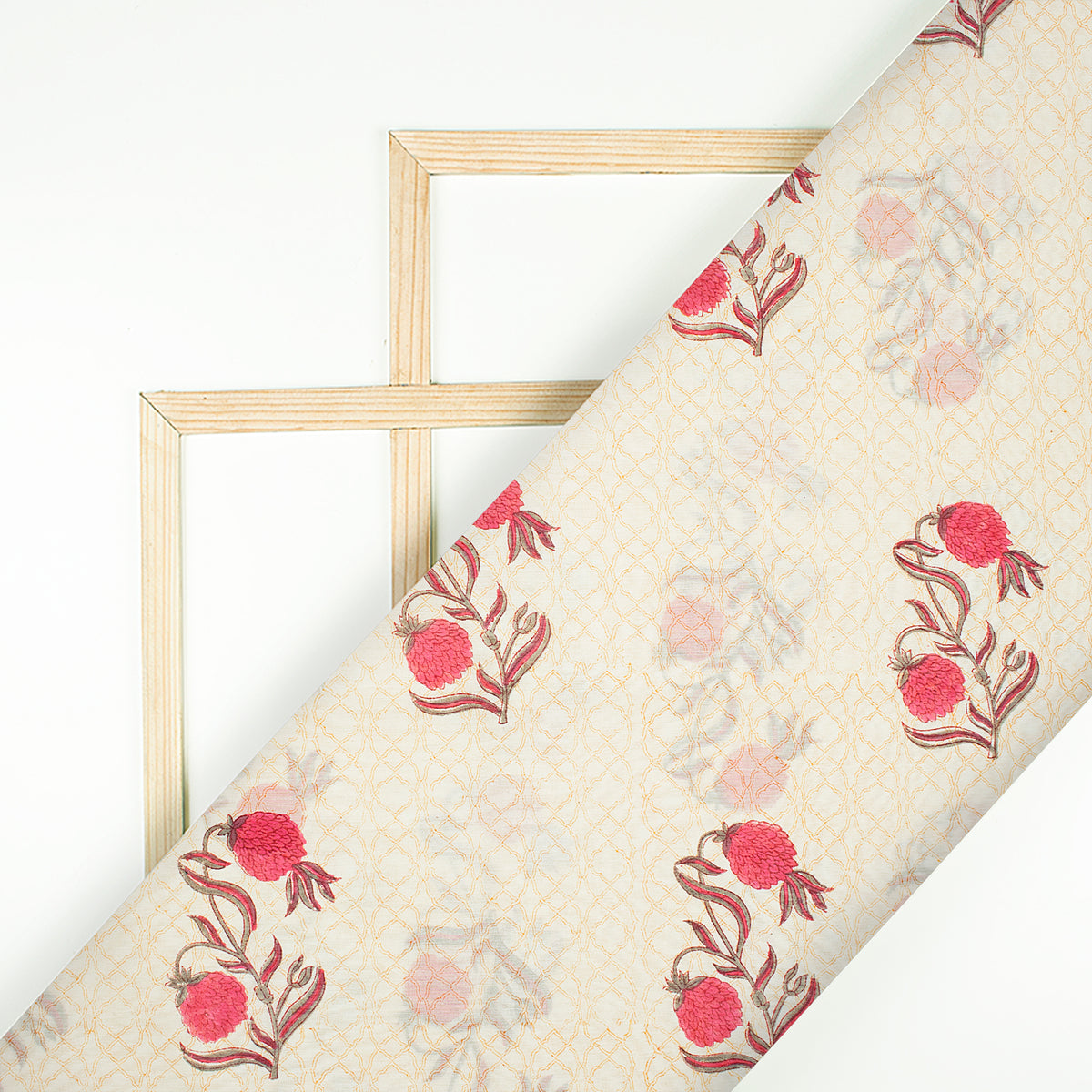 Cream And Fuchsia Floral Pattern Handblock Pure Banarasi Chanderi Fabric - Fabcurate