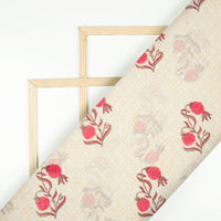 Cream And Fuchsia Floral Pattern Handblock Pure Banarasi Chanderi Fabric - Fabcurate