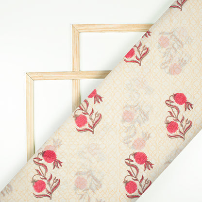 Cream And Fuchsia Floral Pattern Handblock Pure Banarasi Chanderi Fabric - Fabcurate