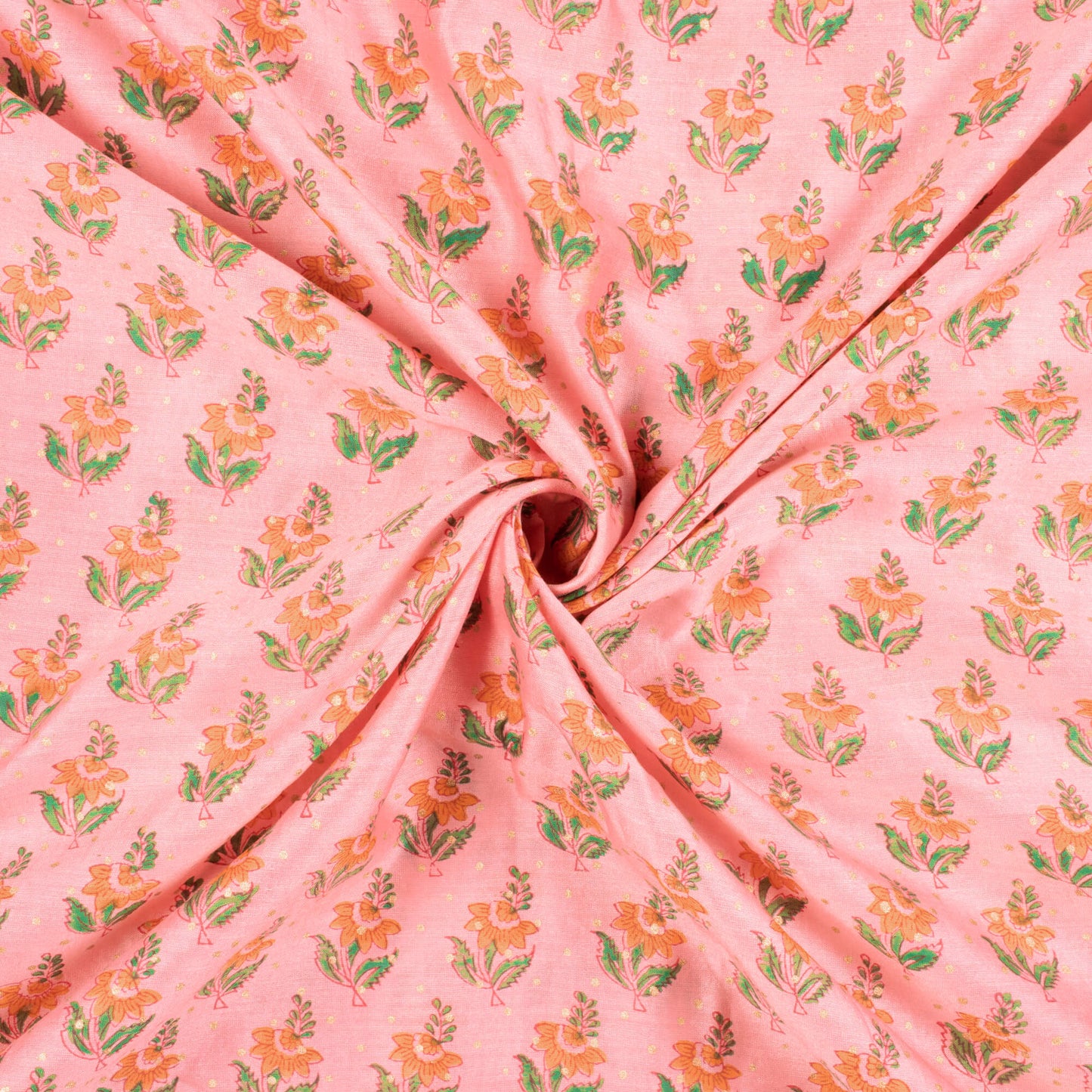Peach And Orange Booti Pattern Handblock Pure Banarasi Chanderi Fabric