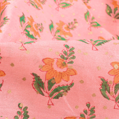 Peach And Orange Booti Pattern Handblock Pure Banarasi Chanderi Fabric