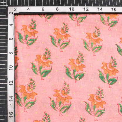 Peach And Orange Booti Pattern Handblock Pure Banarasi Chanderi Fabric