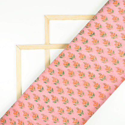 Peach And Orange Booti Pattern Handblock Pure Banarasi Chanderi Fabric - Fabcurate
