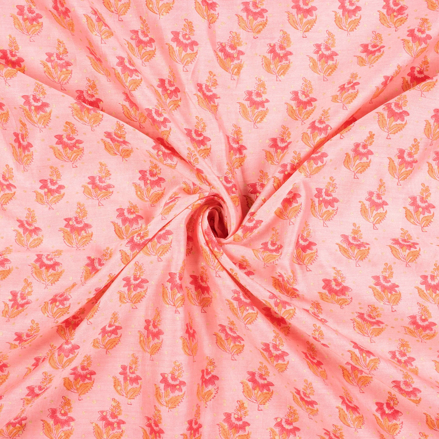 Peach And Fuchsia Booti Pattern Handblock Pure Banarasi Chanderi Fabric