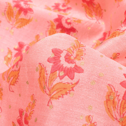Peach And Fuchsia Booti Pattern Handblock Pure Banarasi Chanderi Fabric