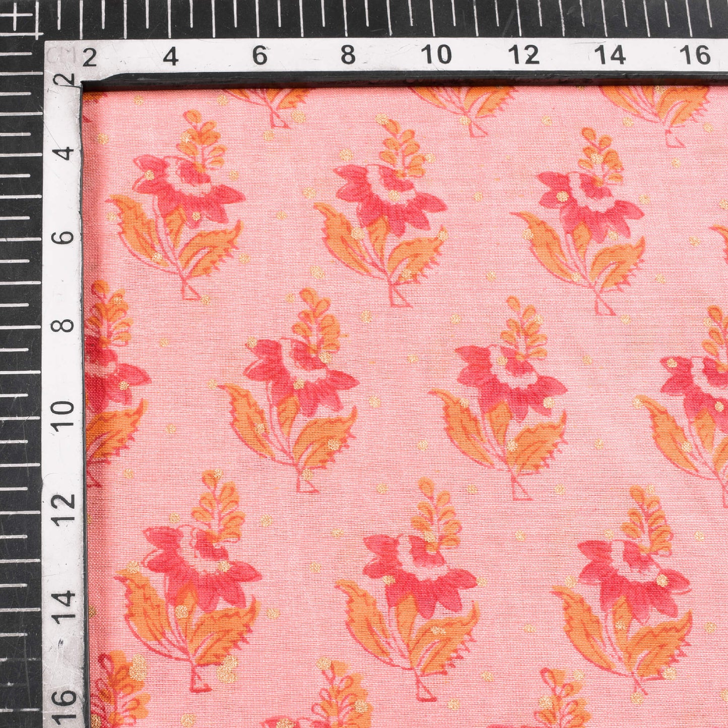 Peach And Fuchsia Booti Pattern Handblock Pure Banarasi Chanderi Fabric