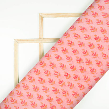 Peach And Fuchsia Booti Pattern Handblock Pure Banarasi Chanderi Fabric
