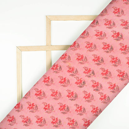 Peach And Grey Booti Pattern Handblock Pure Banarasi Chanderi Fabric - Fabcurate
