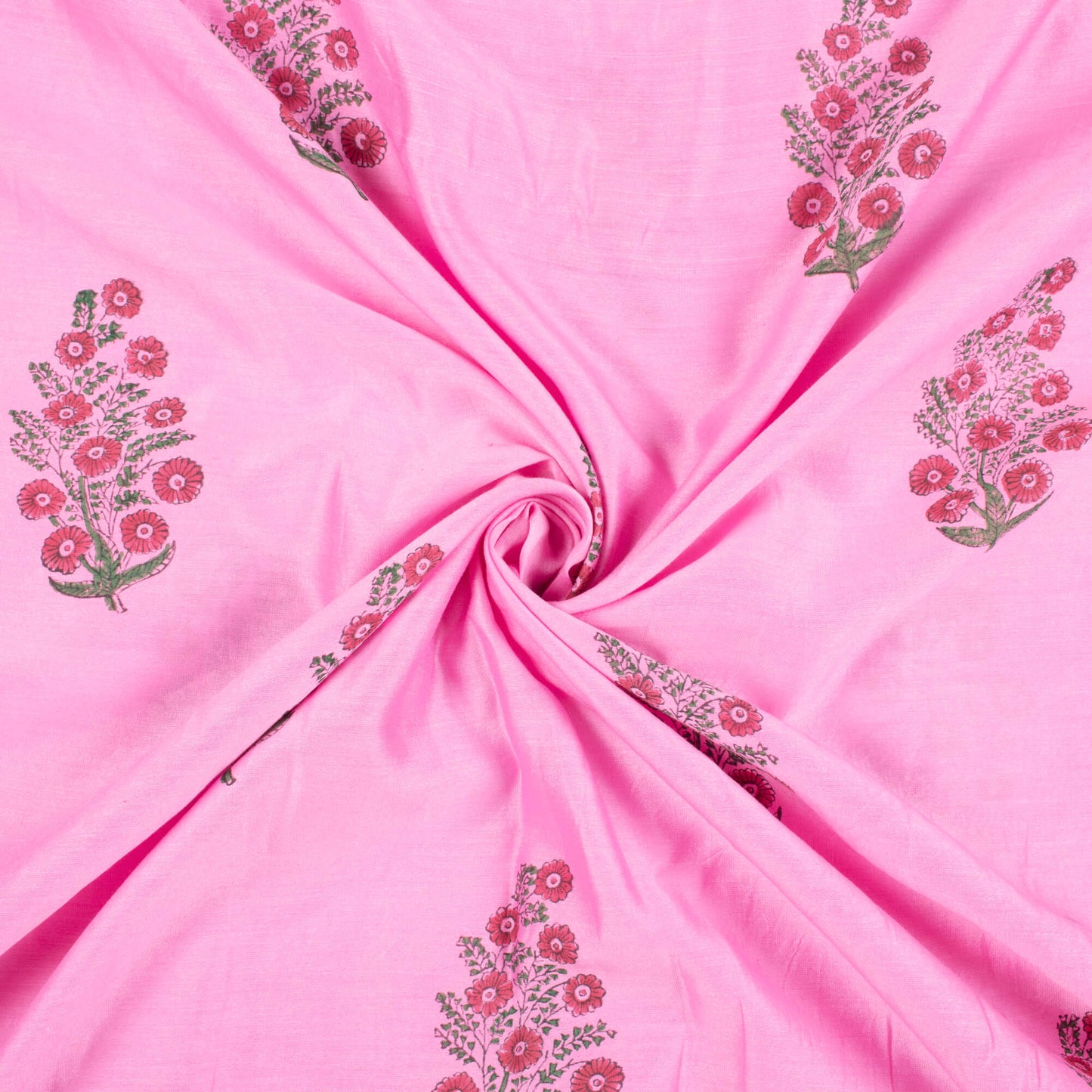 Taffy Pink And Red Floral Pattern Handblock Pure Banarasi Chanderi Fabric