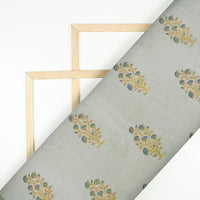 Grey And Dark Blue Floral Pattern Handblock Pure Banarasi Chanderi Fabric