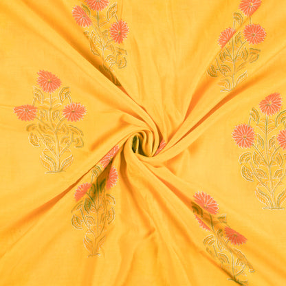 Butter Yellow And Orange Floral Pattern Handblock Pure Banarasi Chanderi Fabric