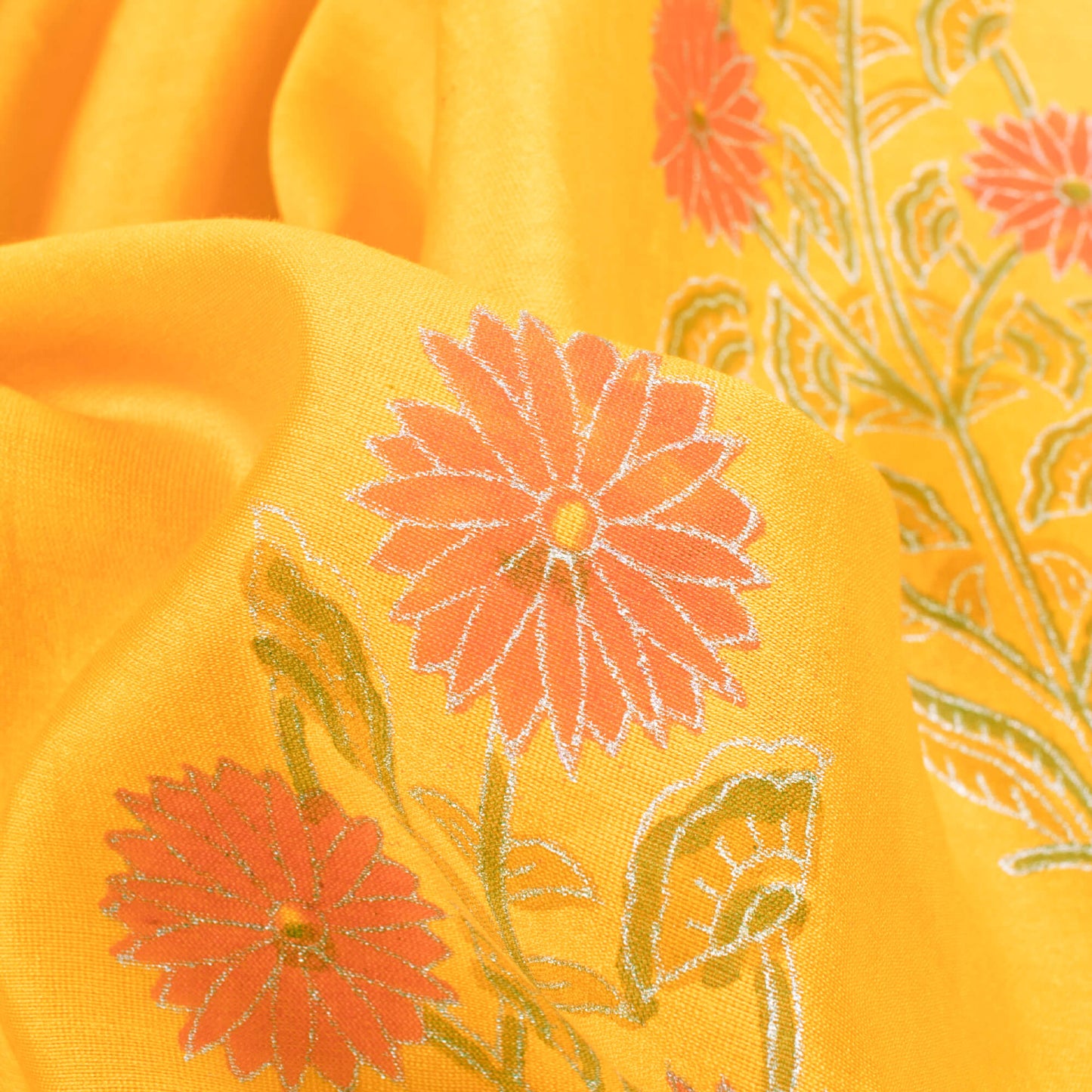 Butter Yellow And Orange Floral Pattern Handblock Pure Banarasi Chanderi Fabric