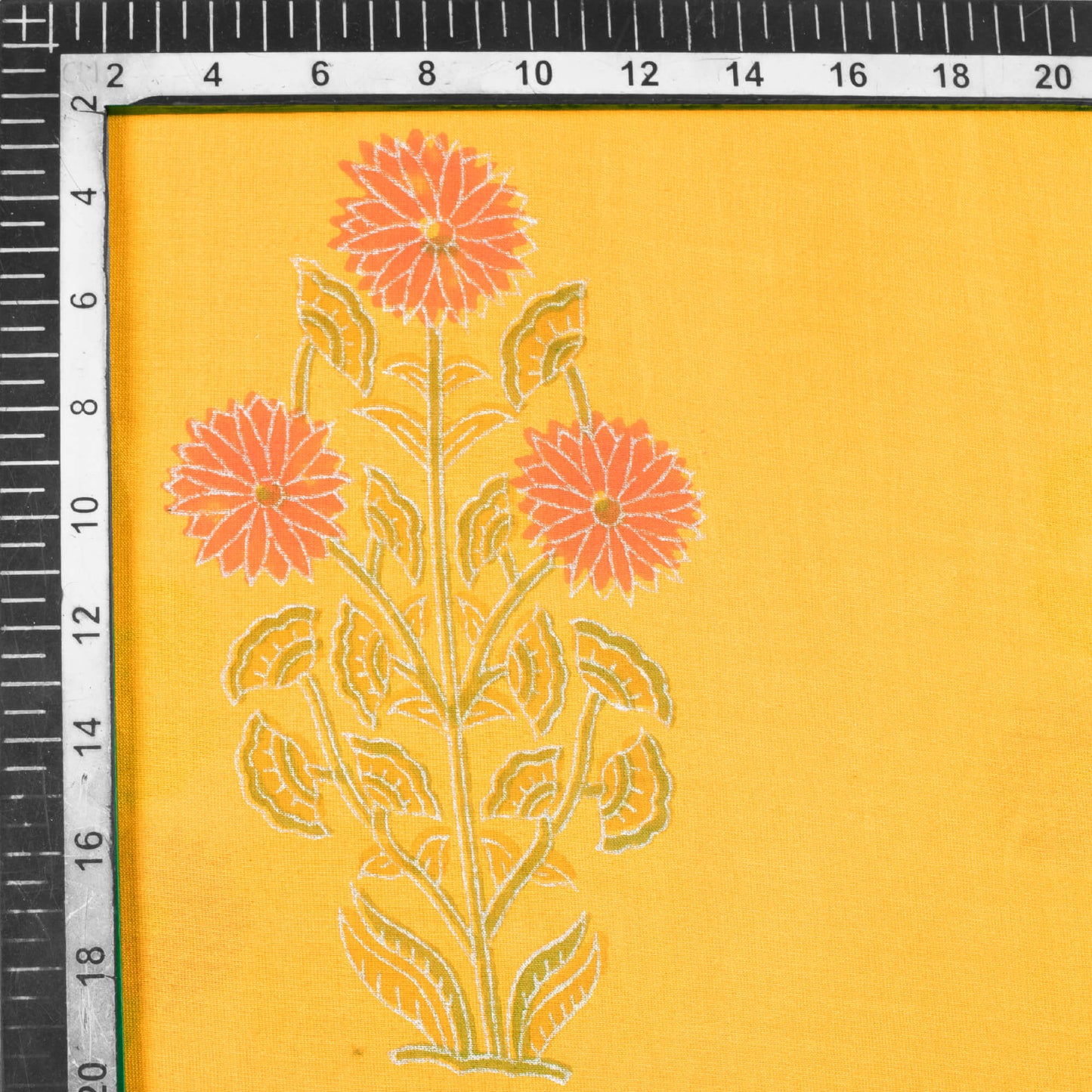 Butter Yellow And Orange Floral Pattern Handblock Pure Banarasi Chanderi Fabric