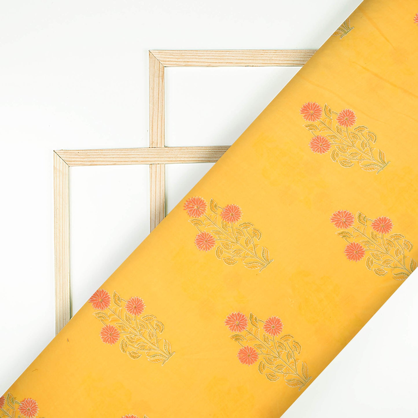 Butter Yellow And Orange Floral Pattern Handblock Pure Banarasi Chanderi Fabric - Fabcurate