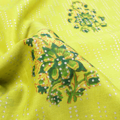 Light parrot Green Floral Pattern Handblock Pure Banarasi Chanderi Fabric