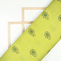 Light parrot Green Floral Pattern Handblock Pure Banarasi Chanderi Fabric - Fabcurate
