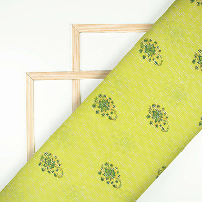 Light parrot Green Floral Pattern Handblock Pure Banarasi Chanderi Fabric - Fabcurate