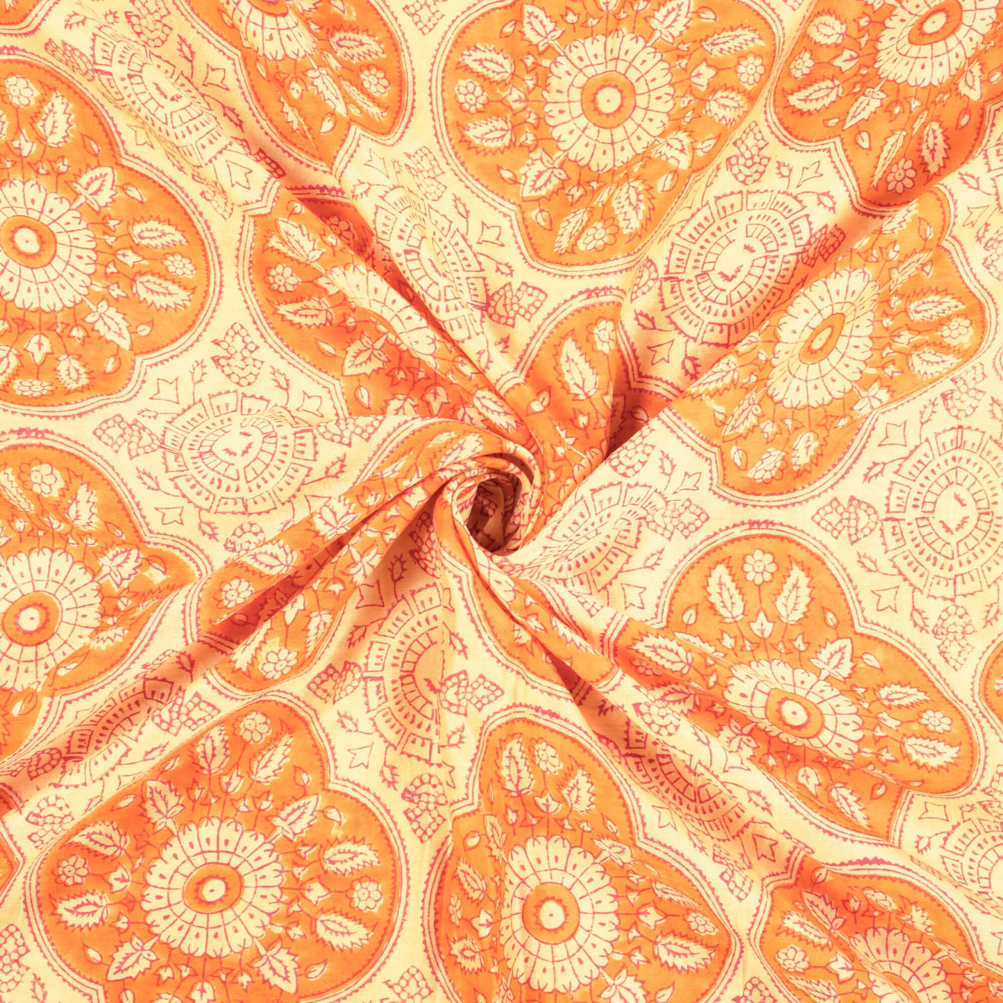 Cream And Gold Yellow Traditional Pattern Handblock Pure Banarasi Chanderi Fabric