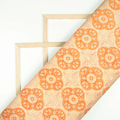 Cream And Gold Yellow Traditional Pattern Handblock Pure Banarasi Chanderi Fabric