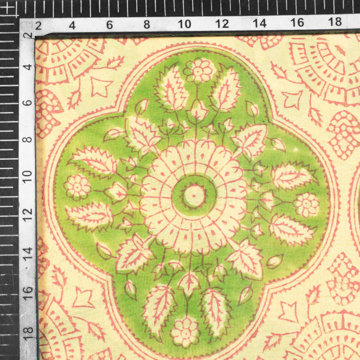 Cream And Pear Green Traditional Pattern Handblock Pure Banarasi Chanderi Fabric