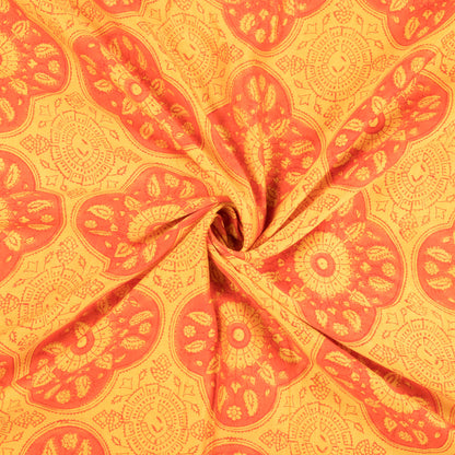 Yellow And Orange Traditional Pattern Handblock Pure Banarasi Chanderi Fabric