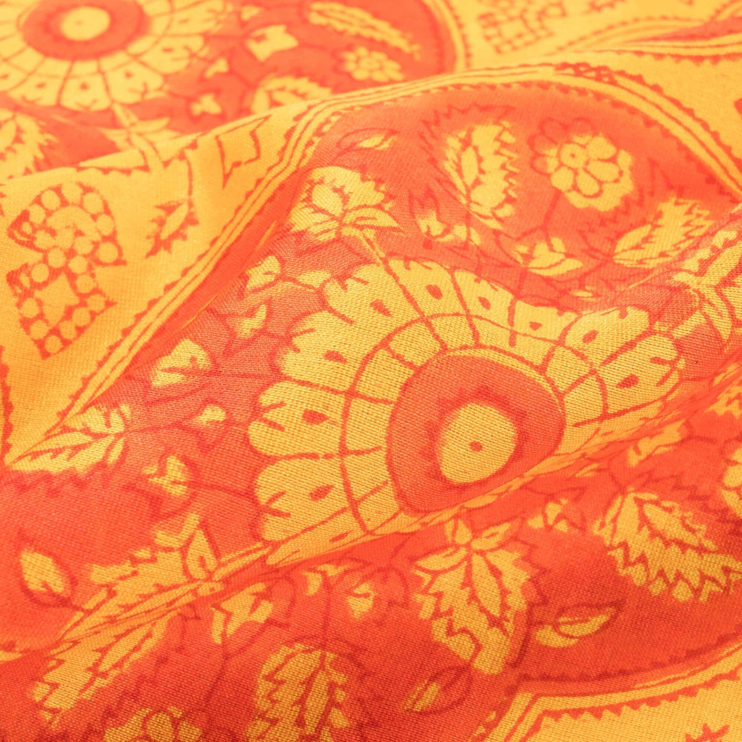 Yellow And Orange Traditional Pattern Handblock Pure Banarasi Chanderi Fabric