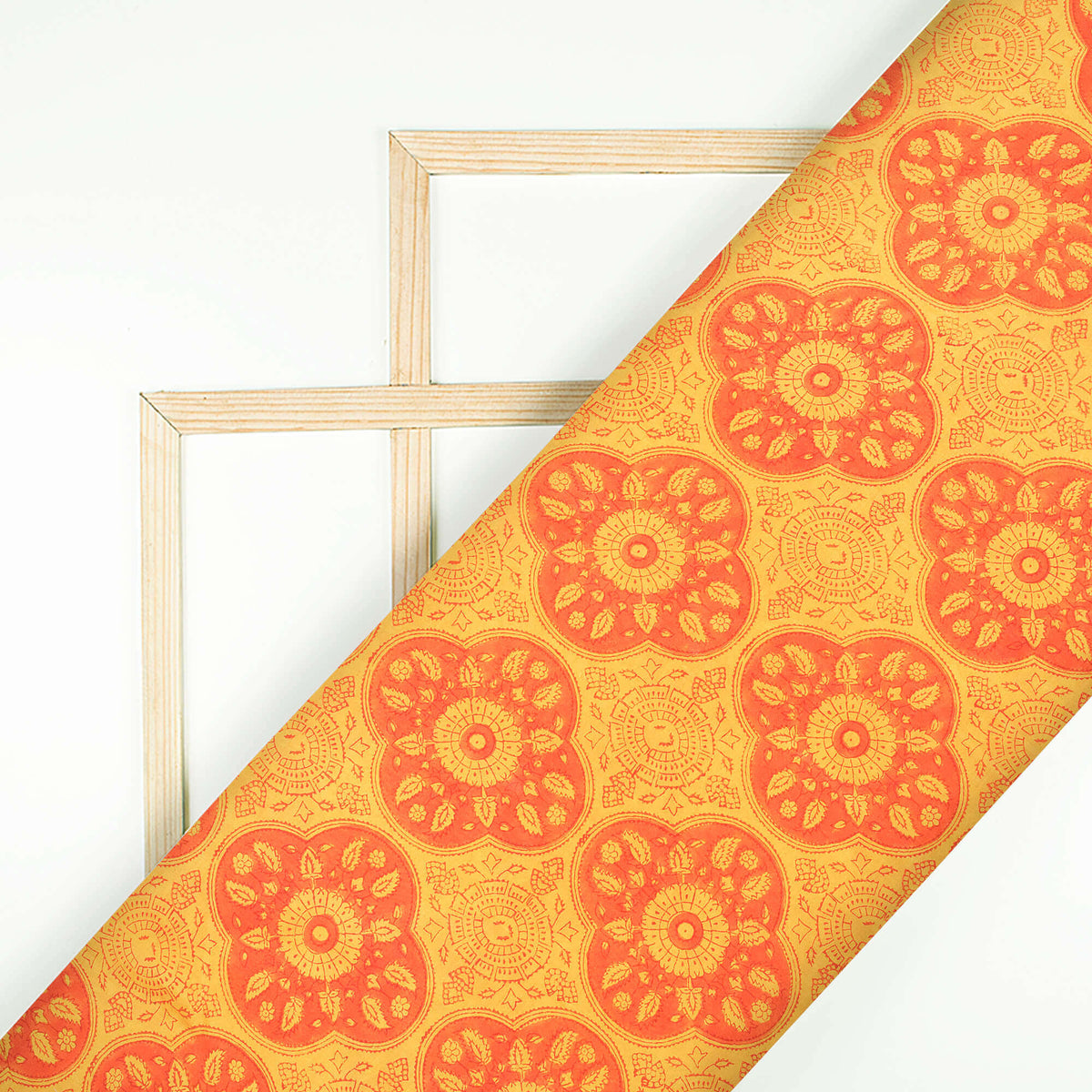 Yellow And Orange Traditional Pattern Handblock Pure Banarasi Chanderi Fabric