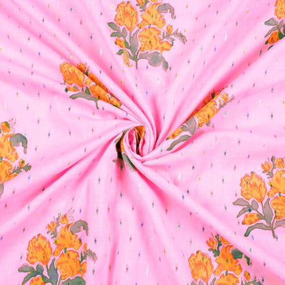 Pink And Fire Yellow Floral Pattern Handblock Cotton Lurex Fabric