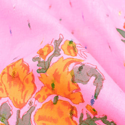 Pink And Fire Yellow Floral Pattern Handblock Cotton Lurex Fabric