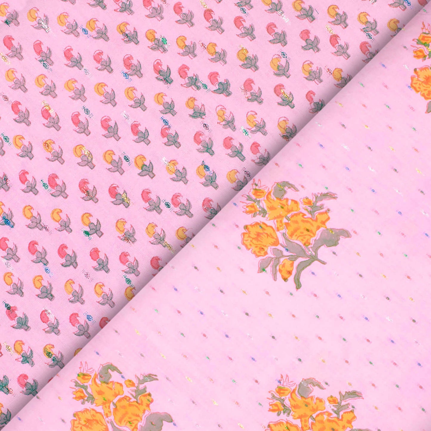 Pink And Fire Yellow Floral Pattern Handblock Cotton Lurex Fabric