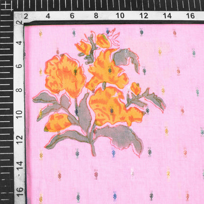 Pink And Fire Yellow Floral Pattern Handblock Cotton Lurex Fabric