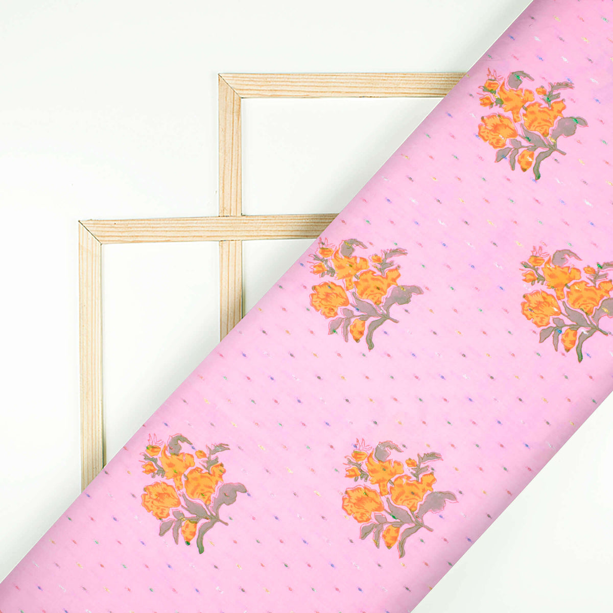 Pink And Fire Yellow Floral Pattern Handblock Cotton Lurex Fabric - Fabcurate