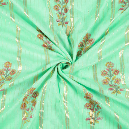 Mint Green And Maroon  Floral Pattern Handblock Cotton Lurex Fabric