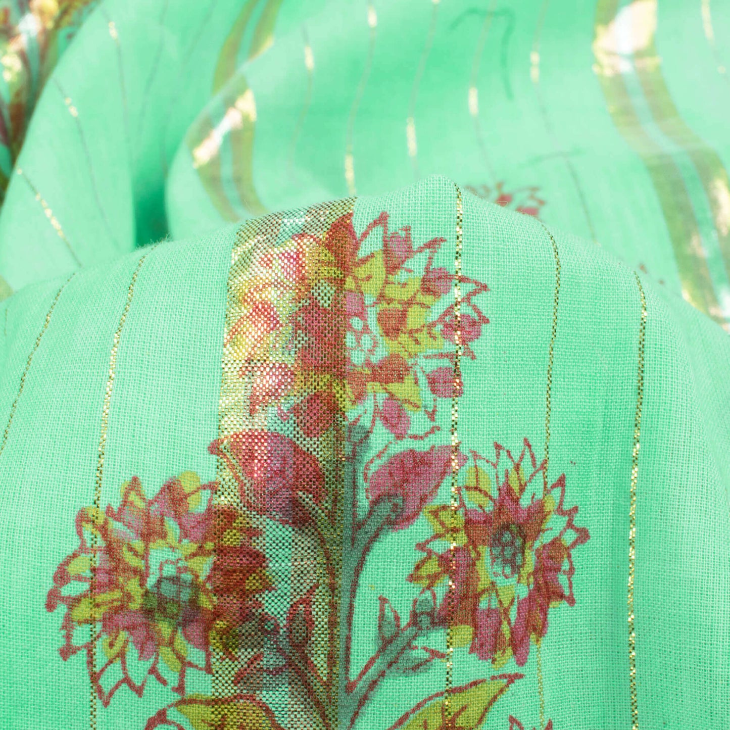 Mint Green And Maroon  Floral Pattern Handblock Cotton Lurex Fabric