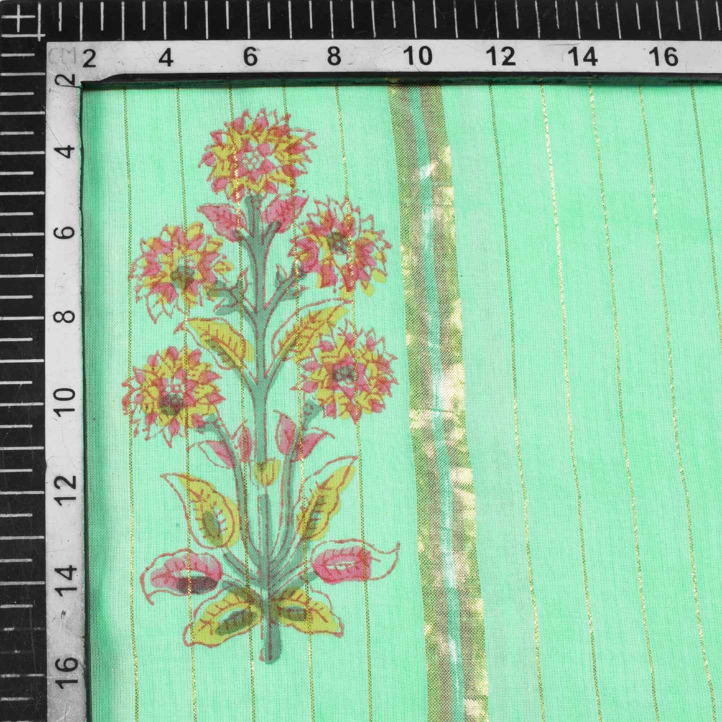 Mint Green And Maroon  Floral Pattern Handblock Cotton Lurex Fabric
