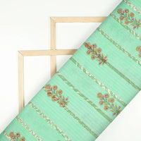 Mint Green And Maroon  Floral Pattern Handblock Cotton Lurex Fabric - Fabcurate
