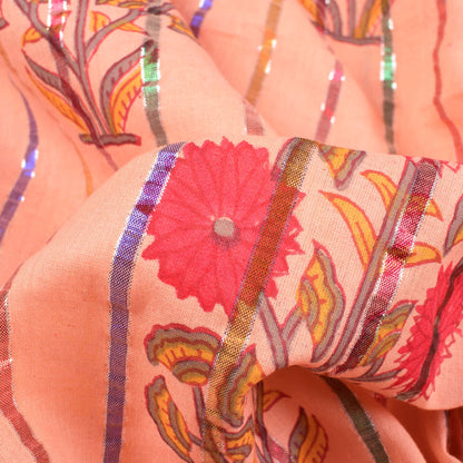 Salmon Peach And Red  Floral Pattern Handblock Cotton Lurex Fabric