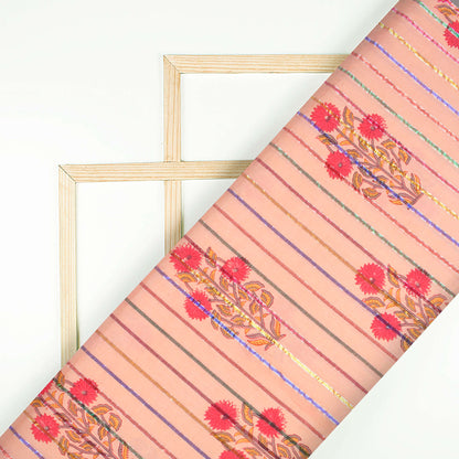 Salmon Peach And Red  Floral Pattern Handblock Cotton Lurex Fabric - Fabcurate