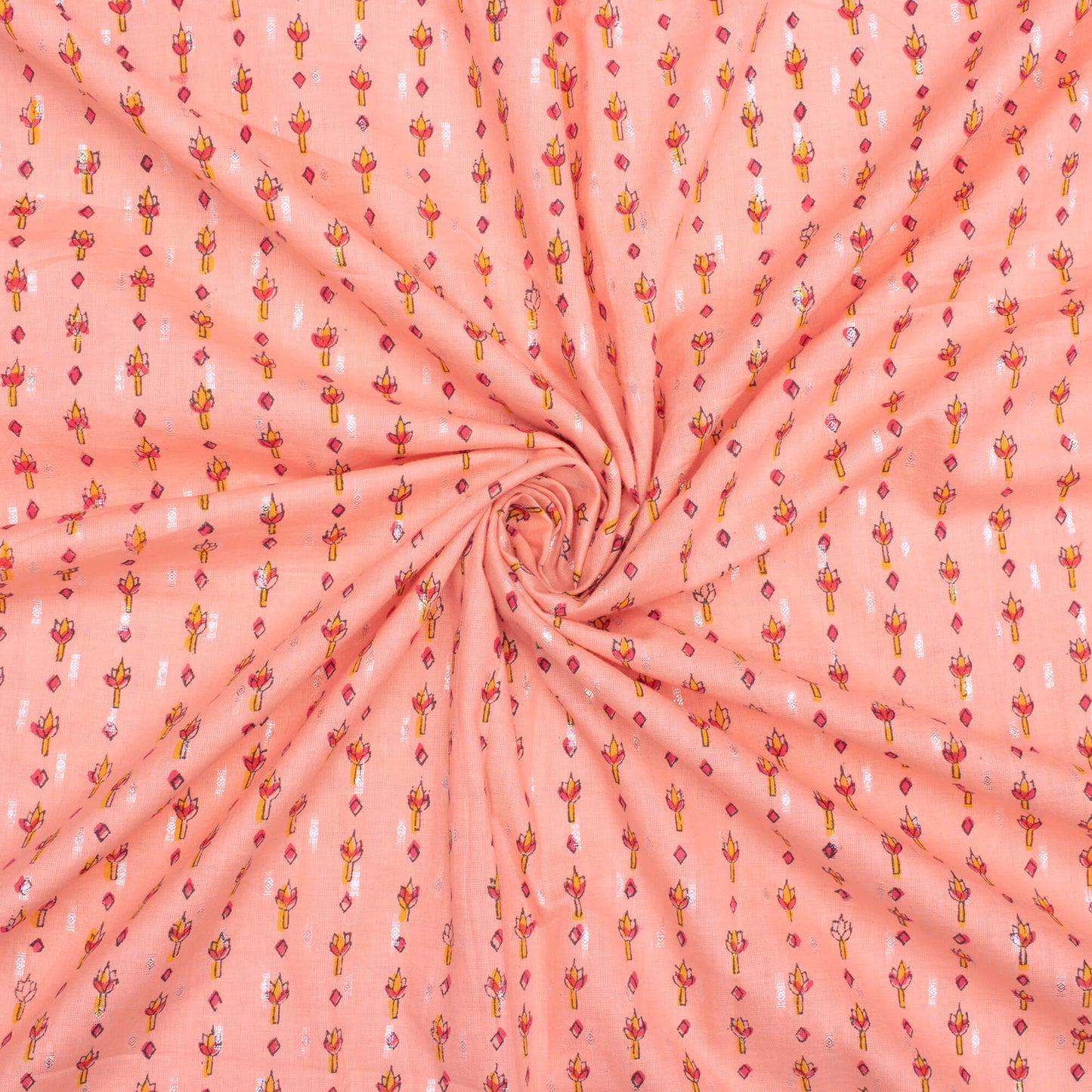 Coral Peach And Red Stripes Pattern Handblock Cotton Lurex Fabric