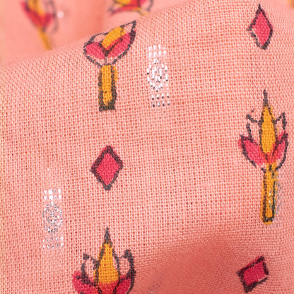 Coral Peach And Red Stripes Pattern Handblock Cotton Lurex Fabric