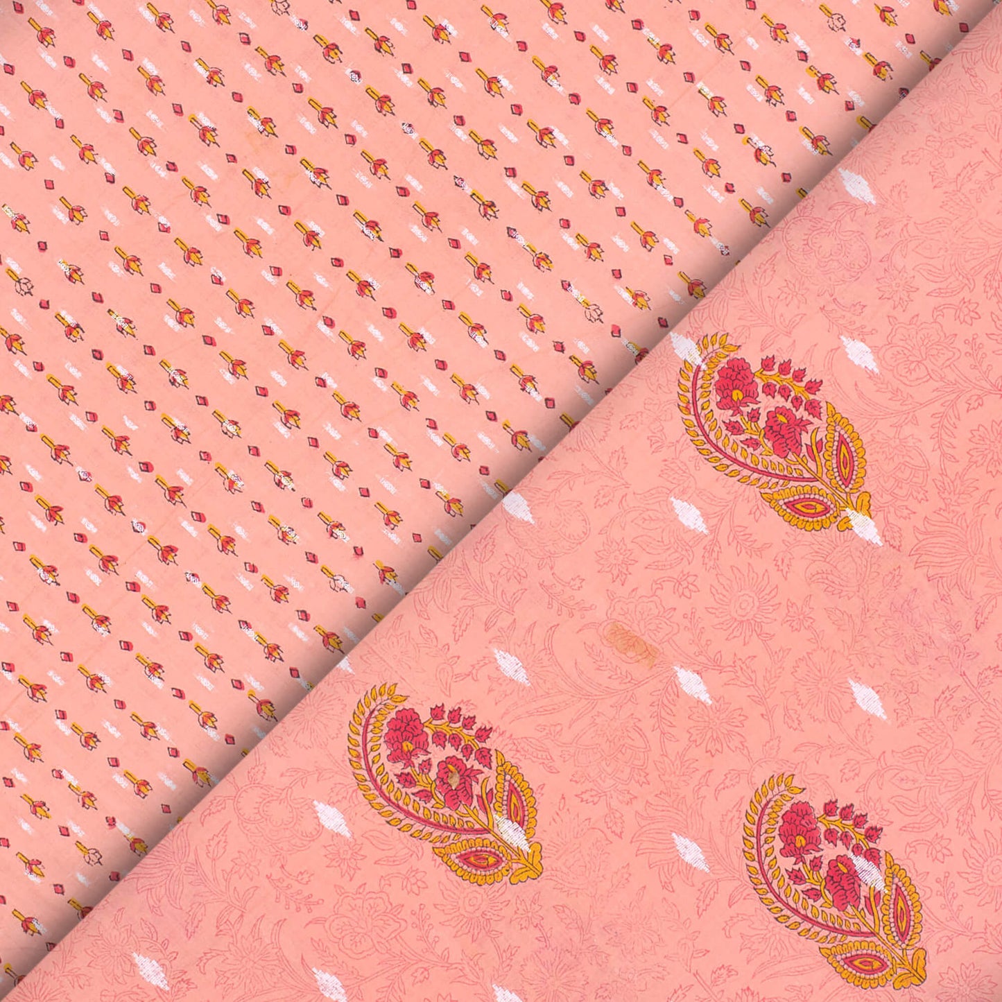 Coral Peach And Red Stripes Pattern Handblock Cotton Lurex Fabric